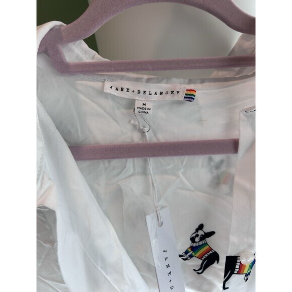 Jane + Delancey Bulldog Shirt White W/ French Bulldogs Large Rayon - Picture 4 of 5
